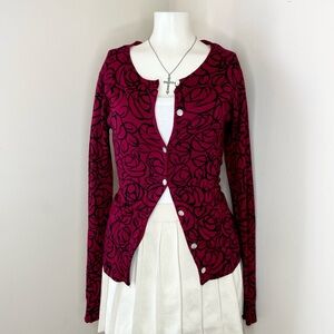 Stephanie Rogers Rose Floral Women’s Cardigan Red & Black Rose Knit Top M